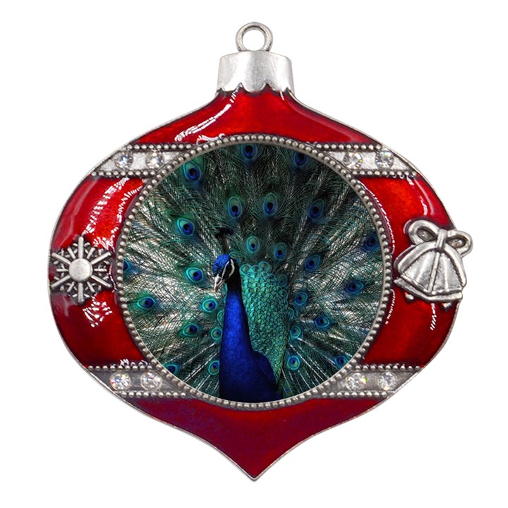 Blue And Green Peacock Metal Snowflake And Bell Red Ornament