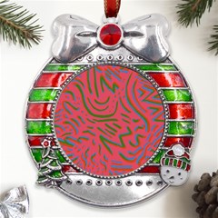 Pattern Saying Wavy Metal X mas Ribbon With Red Crystal Round Ornament by Ndabl3x