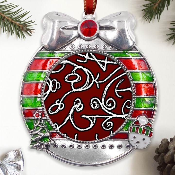 Ethnic Reminiscences Print Design Metal X Mas Ribbon With Red Crystal Round Ornament