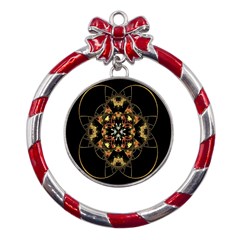 Fractal Stained Glass Ornate Metal Red Ribbon Round Ornament by Sarkoni