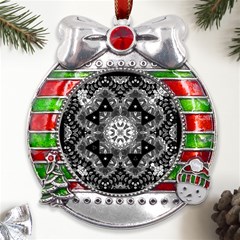 Mandala Calming Coloring Page Metal X Mas Ribbon With Red Crystal Round Ornament