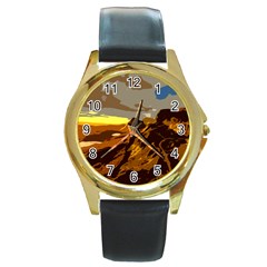 Scotland Monti Mountains Mountain Round Gold Metal Watch by Sarkoni