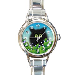 Kitten Black Furry Illustration Round Italian Charm Watch by Sarkoni