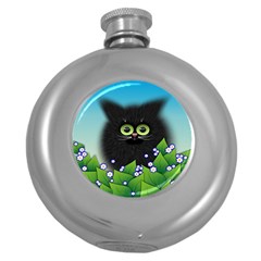 Kitten Black Furry Illustration Round Hip Flask (5 Oz) by Sarkoni