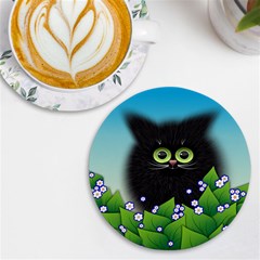 Kitten Black Furry Illustration Uv Print Round Tile Coaster by Sarkoni