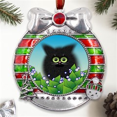 Kitten Black Furry Illustration Metal X mas Ribbon With Red Crystal Round Ornament by Sarkoni