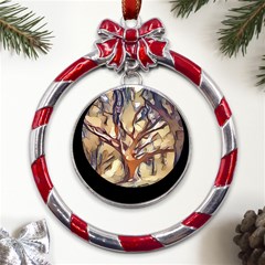 Tree Forest Woods Nature Landscape Metal Red Ribbon Round Ornament by Sarkoni