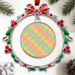 Checkerboard Pastel Squares Metal X mas Wreath Ribbon Ornament by Grandong