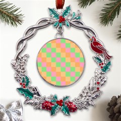 Checkerboard Pastel Squares Metal X mas Wreath Holly Leaf Ornament by Grandong