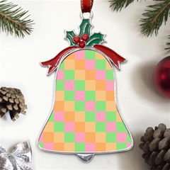 Checkerboard Pastel Squares Metal Holly Leaf Bell Ornament by Grandong