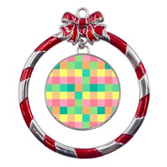 Checkerboard Pastel Square Metal Red Ribbon Round Ornament by Grandong