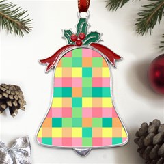 Checkerboard Pastel Square Metal Holly Leaf Bell Ornament by Grandong