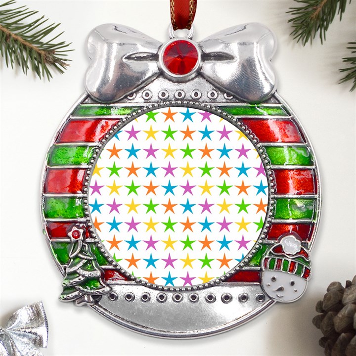 Star Pattern Design Decoration Metal X Mas Ribbon With Red Crystal Round Ornament