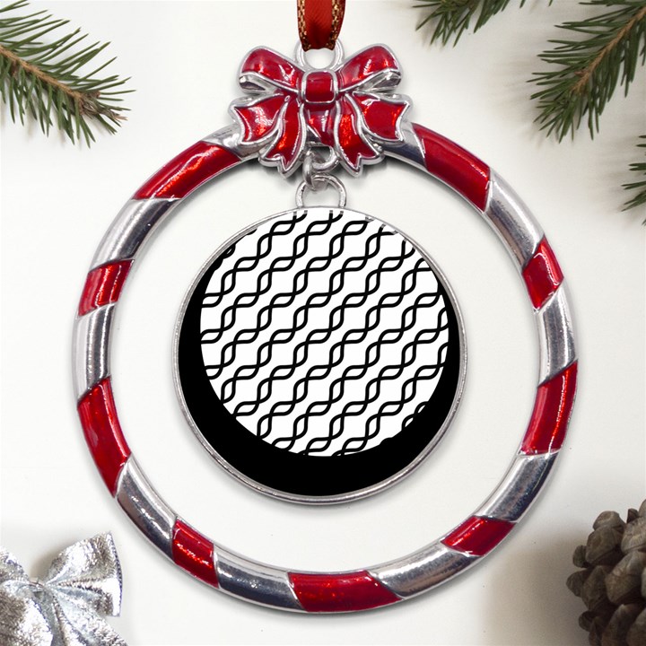 Diagonal Stripe Pattern Metal Red Ribbon Round Ornament