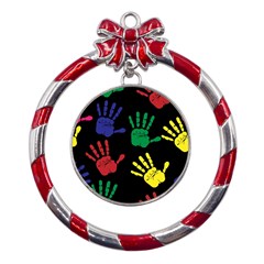 Ellipse Pattern Background Metal Red Ribbon Round Ornament