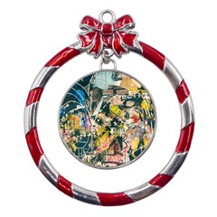 Art Graffiti Abstract Vintage Lines Metal Red Ribbon Round Ornament