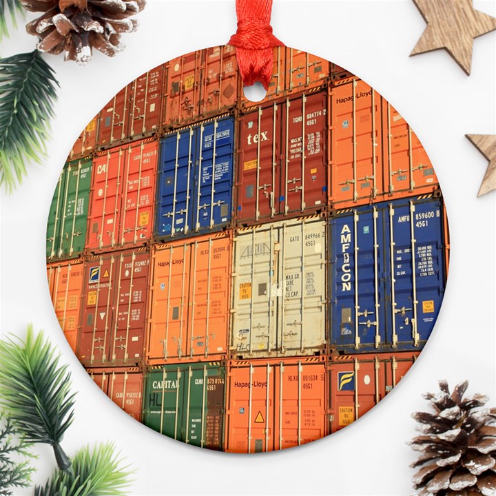 Blue White Orange And Brown Container Van Round Ornament (Two Sides)