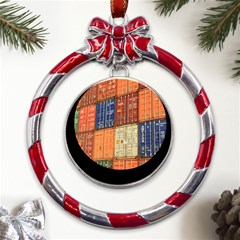 Blue White Orange And Brown Container Van Metal Red Ribbon Round Ornament by Amaryn4rt