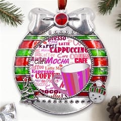 Coffee Cup Lettering Coffee Cup Metal X mas Ribbon With Red Crystal Round Ornament by Amaryn4rt