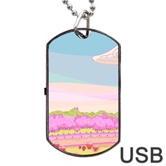 Pink And White Forest Illustration Adventure Time Cartoon Dog Tag Usb Flash (one Side) by Sarkoni