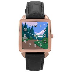 Adventure Time Cartoon Pathway Rose Gold Leather Watch  by Sarkoni