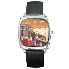 Animated Castle Illustration Adventure Time Cartoon Nature Square Metal Watch by Sarkoni