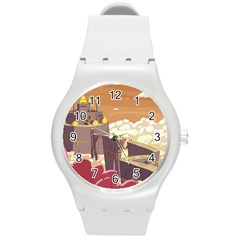 Animated Castle Illustration Adventure Time Cartoon Nature Round Plastic Sport Watch (m) by Sarkoni