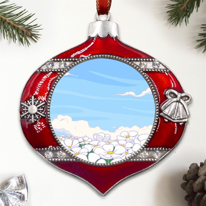 White Petaled Flowers Illustration Adventure Time Cartoon Metal Snowflake And Bell Red Ornament