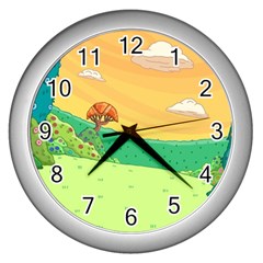 Green Field Illustration Adventure Time Multi Colored Wall Clock (silver) by Sarkoni