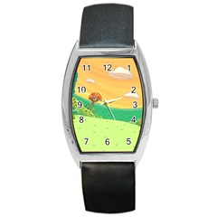 Green Field Illustration Adventure Time Multi Colored Barrel Style Metal Watch by Sarkoni