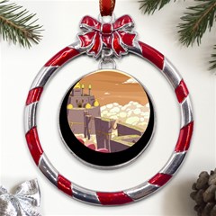 Animated Castle Illustration Adventure Time Cartoon Nature Metal Red Ribbon Round Ornament by Sarkoni