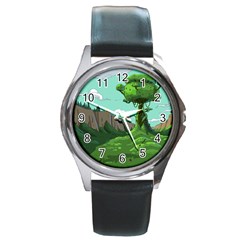 Adventure Time Cartoon Green Color Nature  Sky Round Metal Watch by Sarkoni