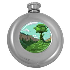 Adventure Time Cartoon Green Color Nature  Sky Round Hip Flask (5 Oz) by Sarkoni