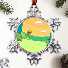 Green Field Illustration Adventure Time Multi Colored Metal Large Snowflake Ornament by Sarkoni