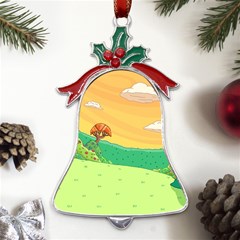 Green Field Illustration Adventure Time Multi Colored Metal Holly Leaf Bell Ornament by Sarkoni