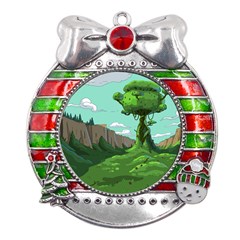 Adventure Time Cartoon Green Color Nature  Sky Metal X mas Ribbon With Red Crystal Round Ornament by Sarkoni