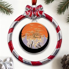 Adventure Time Cartoon Landscape Trees Metal Red Ribbon Round Ornament by Sarkoni