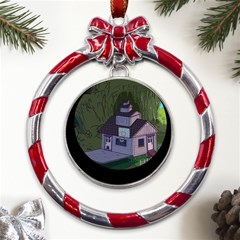 Purple House Cartoon Character Adventure Time Architecture Metal Red Ribbon Round Ornament by Sarkoni