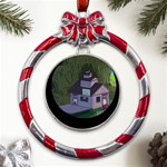 Purple House Cartoon Character Adventure Time Architecture Metal Red Ribbon Round Ornament Front