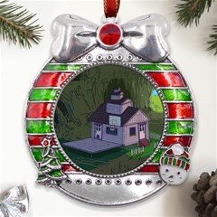 Purple House Cartoon Character Adventure Time Architecture Metal X mas Ribbon With Red Crystal Round Ornament by Sarkoni