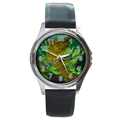 Green Pine Trees Wallpaper Adventure Time Cartoon Green Color Round Metal Watch by Sarkoni