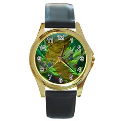 Green Pine Trees Wallpaper Adventure Time Cartoon Green Color Round Gold Metal Watch by Sarkoni