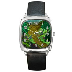 Green Pine Trees Wallpaper Adventure Time Cartoon Green Color Square Metal Watch by Sarkoni