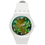 Green Pine Trees Wallpaper Adventure Time Cartoon Green Color Round Plastic Sport Watch (M) Front