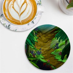 Green Pine Trees Wallpaper Adventure Time Cartoon Green Color Uv Print Round Tile Coaster by Sarkoni