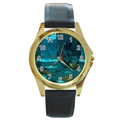 Waterfalls Wallpaper Adventure Time Round Gold Metal Watch by Sarkoni