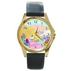 Pillows And Vegetable Field Illustration Adventure Time Cartoon Round Gold Metal Watch by Sarkoni