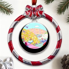 Pillows And Vegetable Field Illustration Adventure Time Cartoon Metal Red Ribbon Round Ornament by Sarkoni