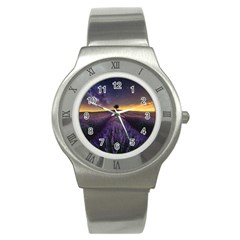 Bed Of Purple Petaled Flowers Photography Landscape Nature Stainless Steel Watch by Sarkoni