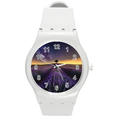 Bed Of Purple Petaled Flowers Photography Landscape Nature Round Plastic Sport Watch (m) by Sarkoni